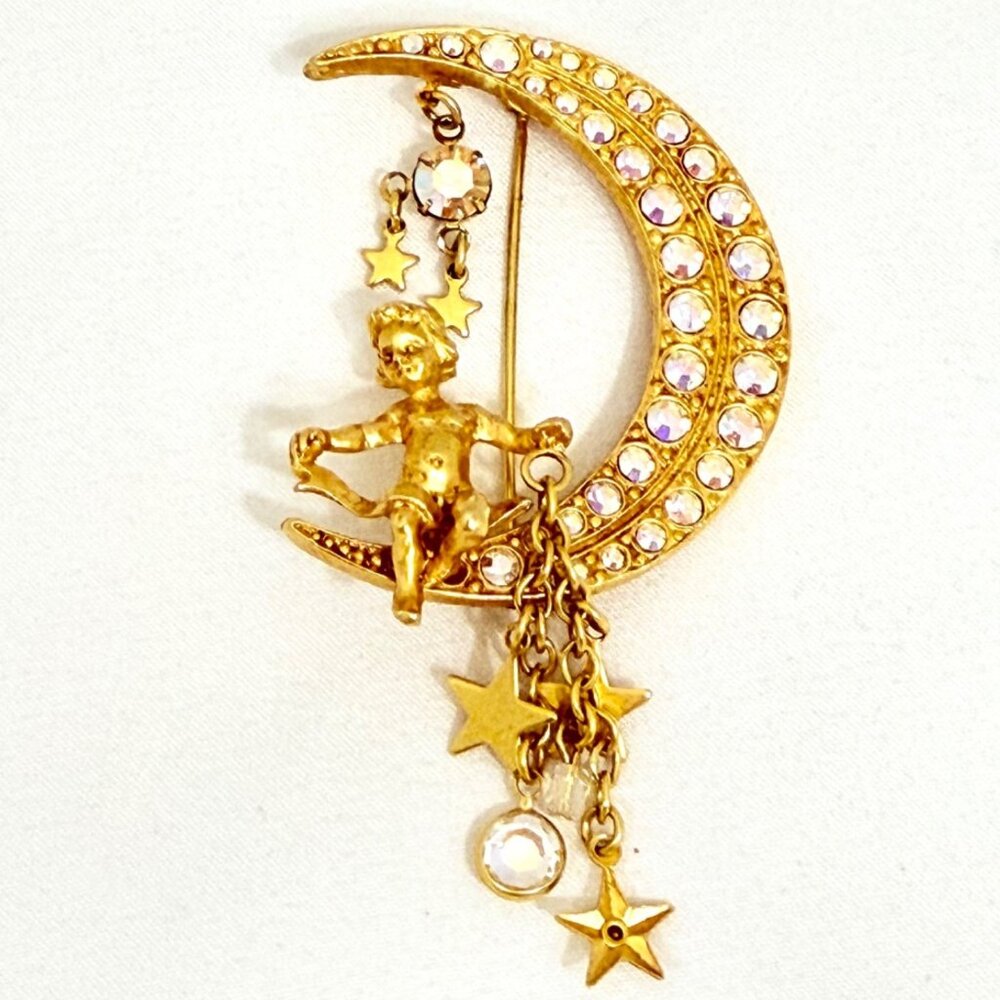 Vintage Kirk's Folly Crescent Moon Brooch With Cherub & Dangling Stars